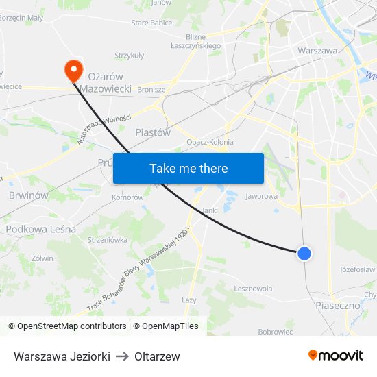 Warszawa Jeziorki to Oltarzew map