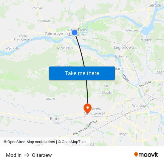 Modlin to Oltarzew map