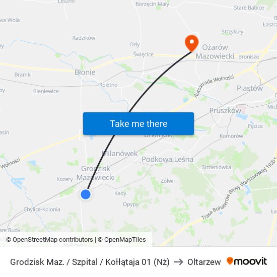 Grodzisk Maz. / Szpital / Kołłątaja 01 (Nż) to Oltarzew map