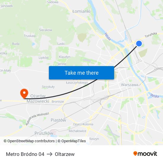 Metro Bródno to Oltarzew map