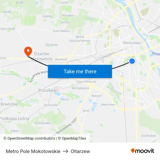 Metro Pole Mokotowskie to Oltarzew map