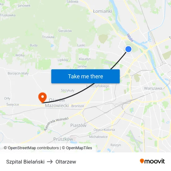 Szpital Bielański to Oltarzew map