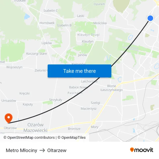 Metro Młociny to Oltarzew map