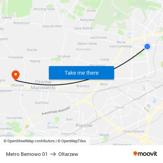 Metro Bemowo to Oltarzew map