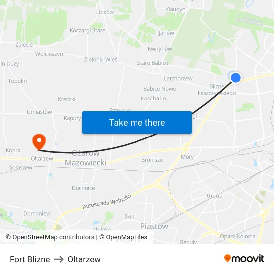 Fort Blizne to Oltarzew map