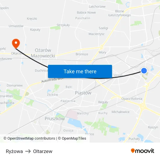 Ryżowa to Oltarzew map