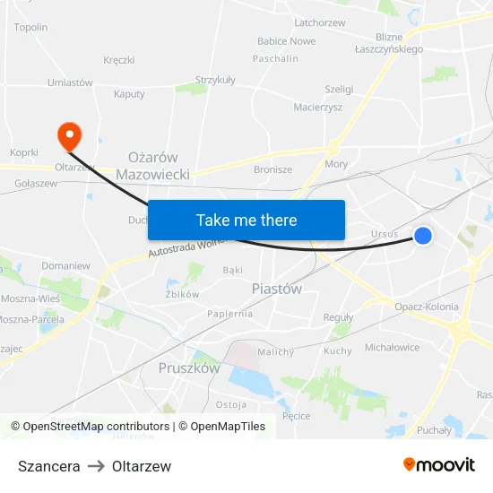 Szancera to Oltarzew map