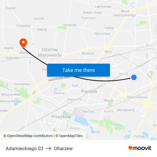 Adamieckiego 02 to Oltarzew map