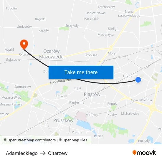 Adamieckiego to Oltarzew map