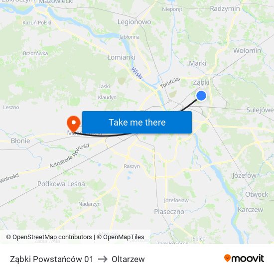 Ząbki Powstańców to Oltarzew map