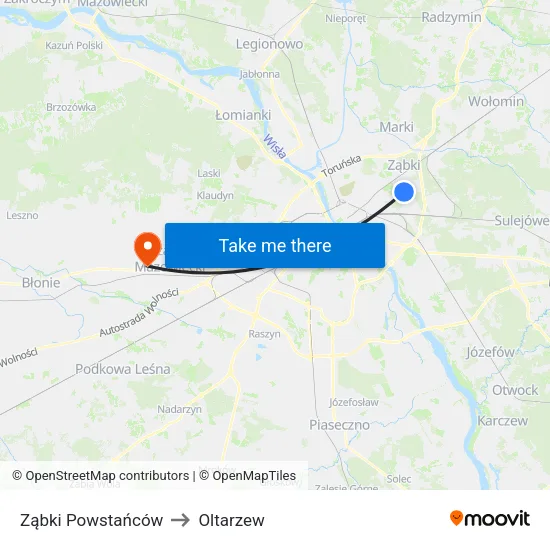 Ząbki Powstańców to Oltarzew map