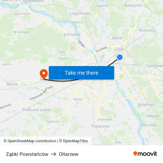 Ząbki Powstańców to Oltarzew map