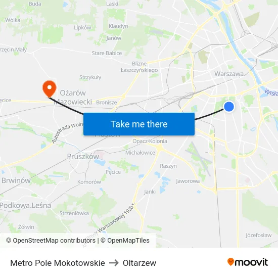 Metro Pole Mokotowskie to Oltarzew map