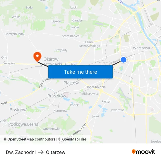 Dw. Zachodni to Oltarzew map