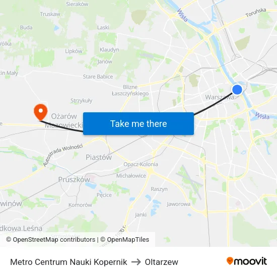 Metro Centrum Nauki Kopernik to Oltarzew map