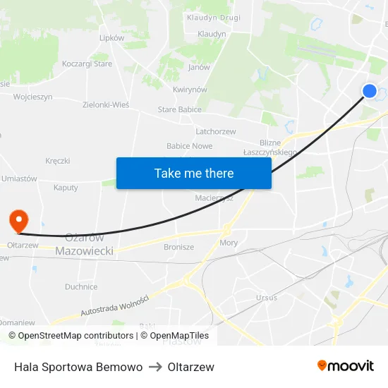 Hala Sportowa Bemowo to Oltarzew map