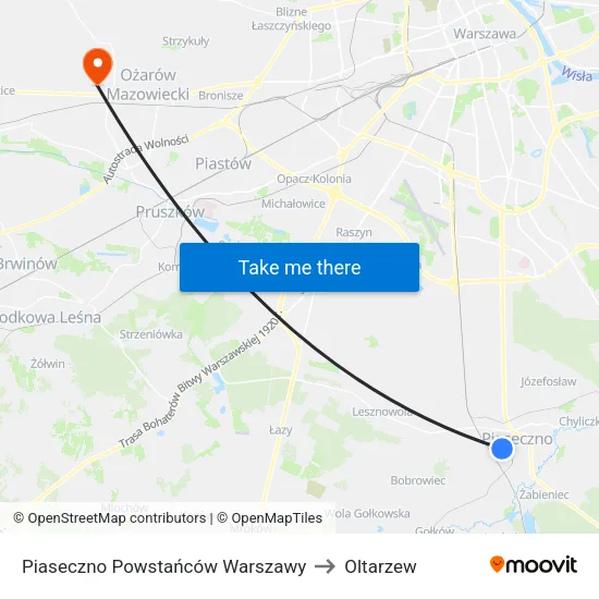 Piaseczno Powstańców Warszawy to Oltarzew map