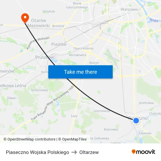 Piaseczno Wojska Polskiego to Oltarzew map
