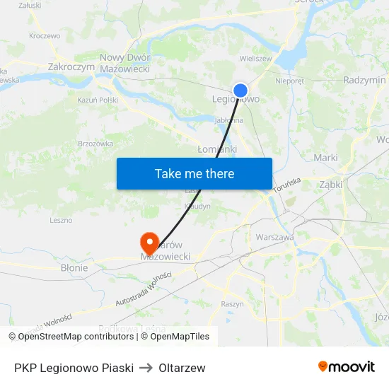 PKP Legionowo Piaski to Oltarzew map