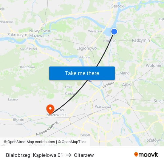 Białobrzegi Kąpielowa to Oltarzew map