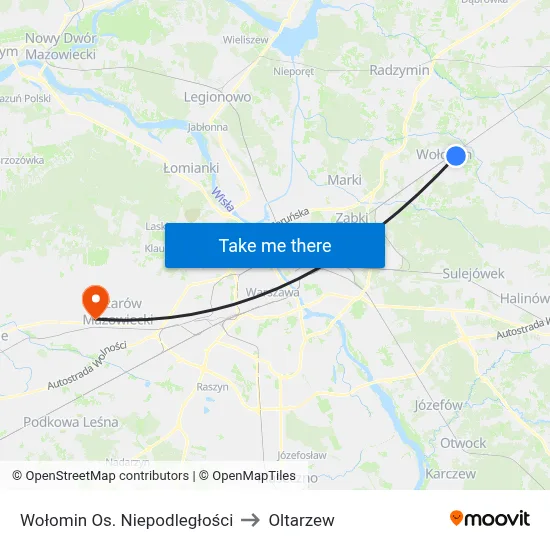 Wołomin Os. Niepodległości to Oltarzew map