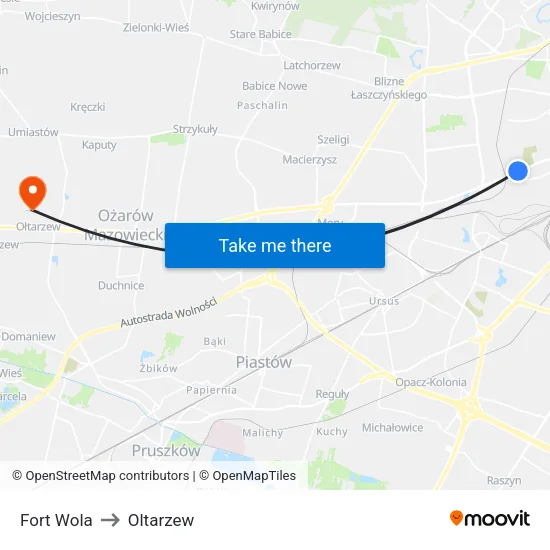 Fort Wola to Oltarzew map