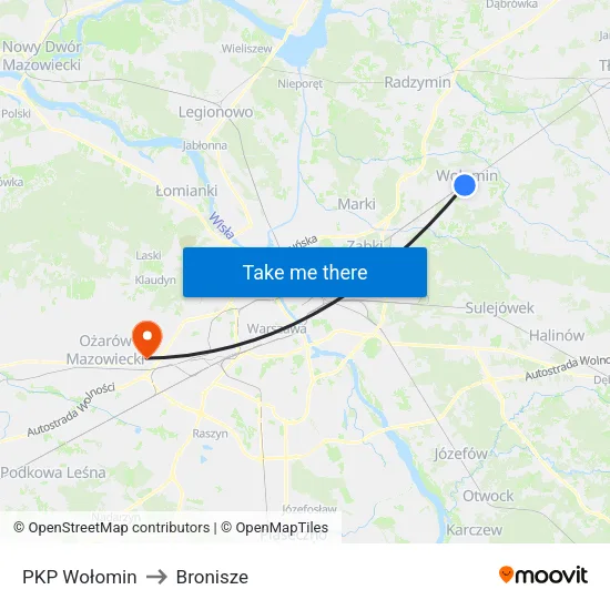 PKP Wołomin to Bronisze map