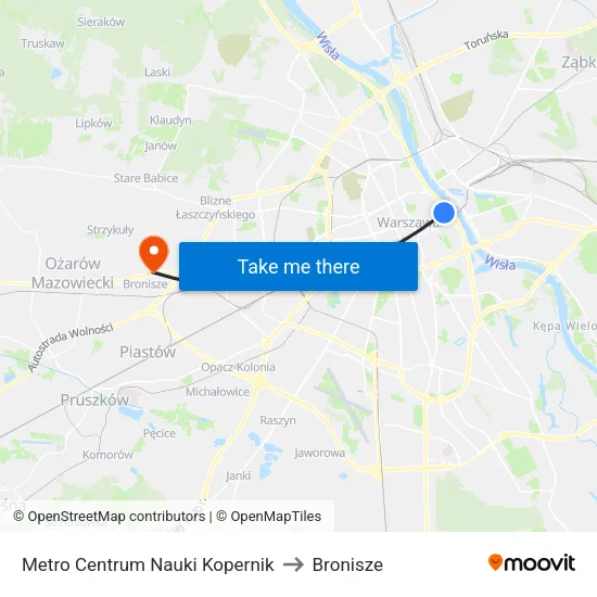 Metro Centrum Nauki Kopernik to Bronisze map