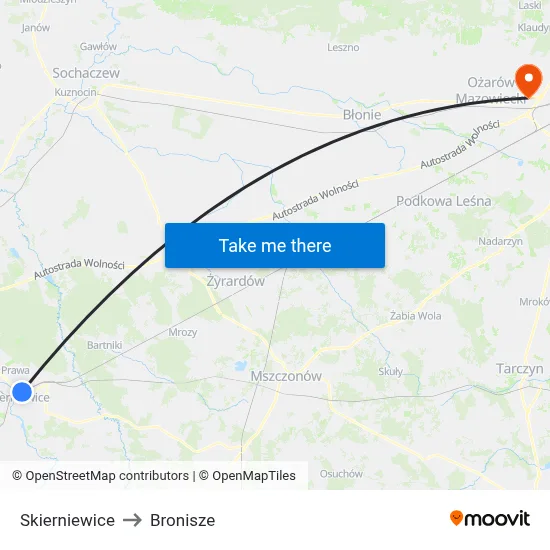 Skierniewice to Bronisze map