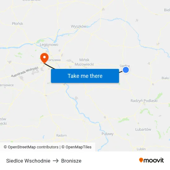 Siedlce Wschodnie to Bronisze map