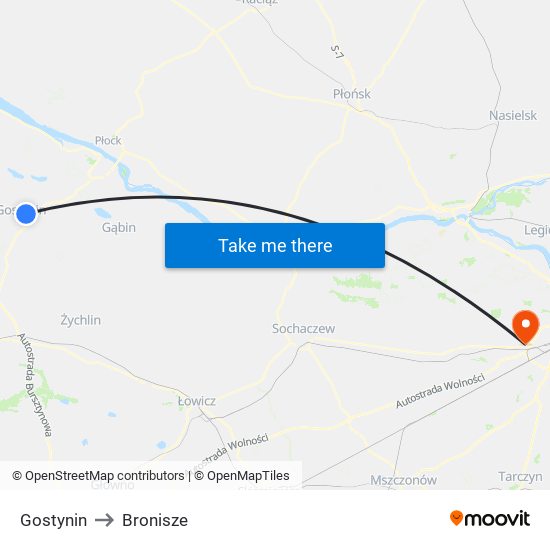 Gostynin to Bronisze map