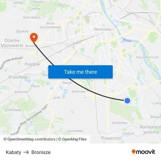 Kabaty to Bronisze map
