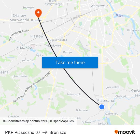 PKP Piaseczno to Bronisze map