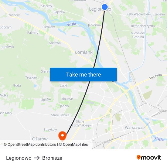 Legionowo to Bronisze map