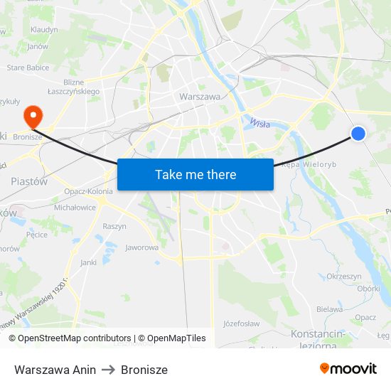 Warszawa Anin to Bronisze map