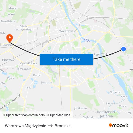 Warszawa Międzylesie to Bronisze map