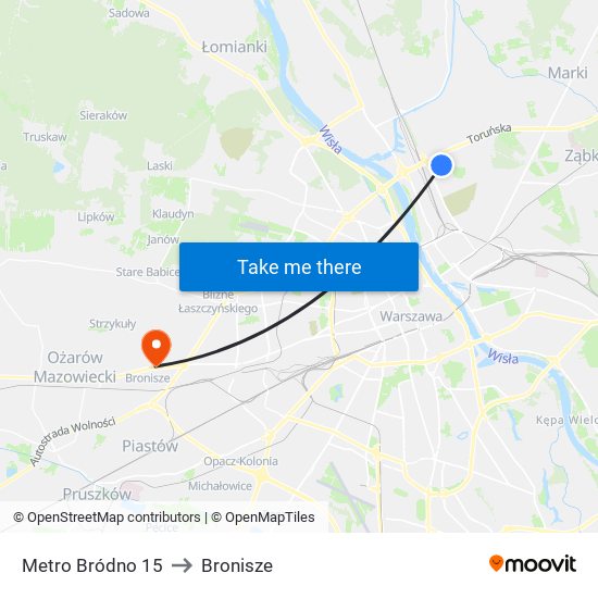 Metro Bródno to Bronisze map