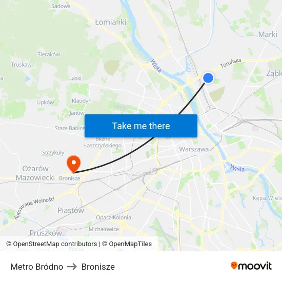 Metro Bródno to Bronisze map