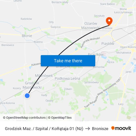 Grodzisk Maz. / Szpital / Kołłątaja 01 (Nż) to Bronisze map