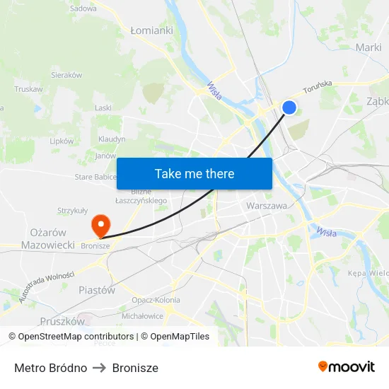 Metro Bródno to Bronisze map
