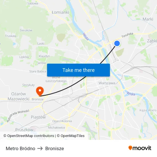 Metro Bródno to Bronisze map