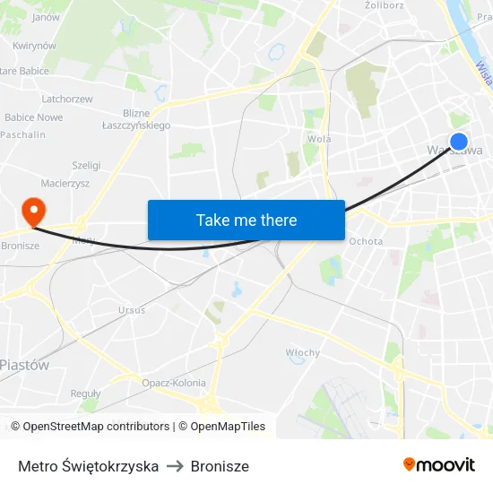 Metro Świętokrzyska to Bronisze map