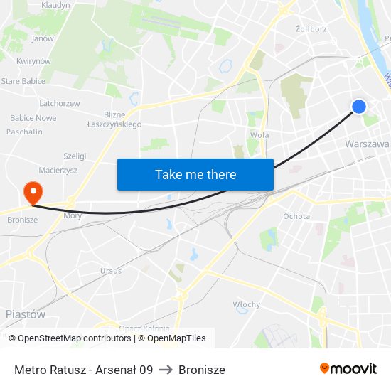 Metro Ratusz - Arsenał 09 to Bronisze map