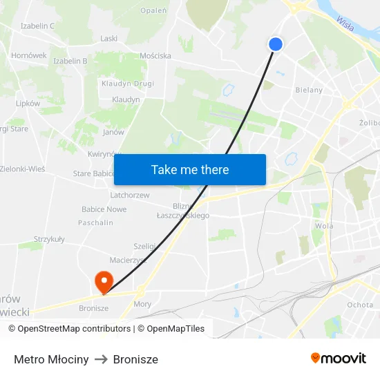 Metro Młociny to Bronisze map