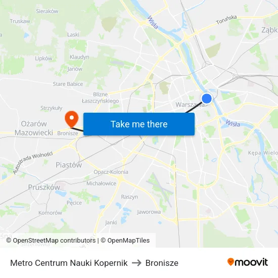 Metro Centrum Nauki Kopernik to Bronisze map