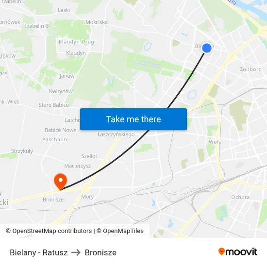 Bielany - Ratusz to Bronisze map
