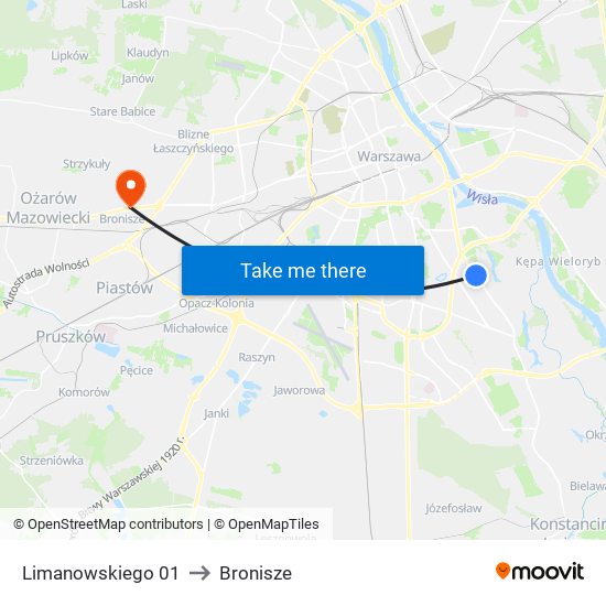 Limanowskiego to Bronisze map