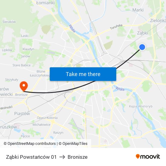 Ząbki Powstańców to Bronisze map