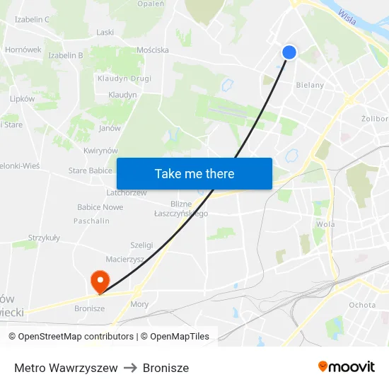 Metro Wawrzyszew to Bronisze map