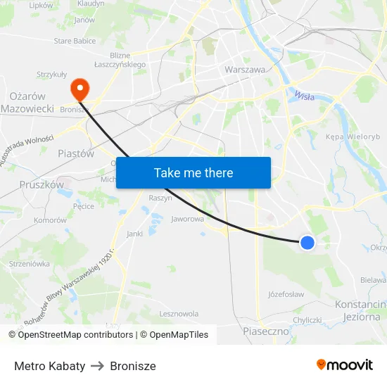 Metro Kabaty to Bronisze map